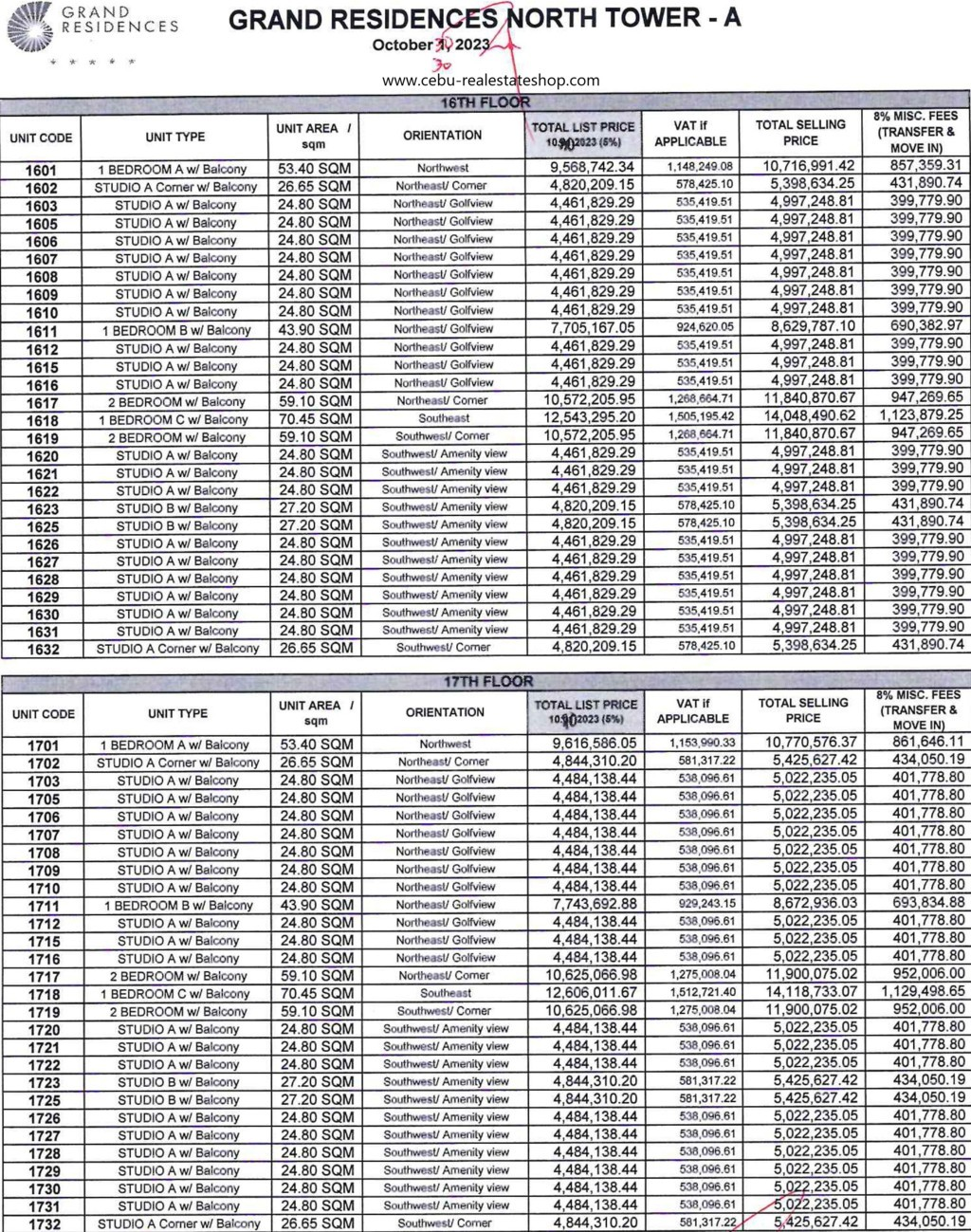 grand residences price list 2