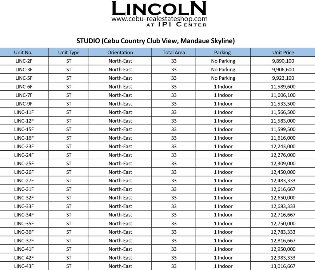 lincoln condo price list 2